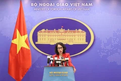 Người phát ngôn Bộ Ngoại giao Phạm Thu Hằng chủ trì họp báo. (Ảnh: An Đăng/TTXVN)