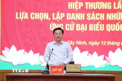 Ông Nguyễn Thanh Hải, Phó Bí thư Tỉnh ủy, Chủ tịch Ủy ban Mặt trận Tổ quốc Việt Nam tỉnh Tây Ninh phát biểu tại hội nghị. (Ảnh: Bùi Giang/TTXVN)