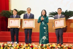 Phó Chủ tịch nước Võ Thị Ánh Xuân trao Huân chương Lao động hạng Ba cho các tập thể. (Ảnh: Văn Đức/TTXVN)