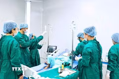 Các bác sỹ Bệnh viện Đa khoa Vĩnh Phúc thực hiện ghép tế bào gốc tạo máu cho người bệnh 59 tuổi mắc đa u tủy xương. (Ảnh: TTXVN phát)