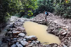 Khe Huổi Lúc bị nắn dòng bởi những hố sâu do khai thác vàng. (Ảnh: Văn Tý/TTXVN)