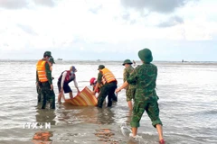 Lực lượng Đồn Biên phòng Tân Thành cùng người dân đưa thi thể du khách bị đuối nước tại khu vực biển Kê Gà (Lâm Đồng) lên bờ. (Ảnh: TTXVN phát)