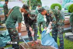 Lực lượng tham gia dùng xẻng và các dụng cụ chuyên dụng để khai quật phần mộ liệt sỹ. (Ảnh: Xuân Tư/TTXVN)