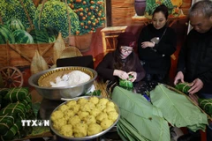 Gói bánh chưng, hoạt động thường niên tại chùa Phúc Lâm. (Ảnh: Thu Hằng/TTXVN)