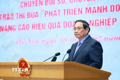 Thủ tướng Phạm Minh Chính phát động Phong trào thi đua “Đổi mới sáng tạo, phát triển khoa học, công nghệ, chuyển đổi số, chuyển đổi xanh” “Phát triển mạnh doanh nghiệp tư nhân, nâng cao hiệu quả doanh nghiệp Nhà nước." (Ảnh: Dương Giang/TTXVN)