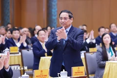 Thủ tướng Phạm Minh Chính phát động Phong trào thi đua “Đổi mới sáng tạo, phát triển khoa học, công nghệ, chuyển đổi số, chuyển đổi xanh” “Phát triển mạnh doanh nghiệp tư nhân, nâng cao hiệu quả doanh nghiệp Nhà nước." (Ảnh: Dương Giang/TTXVN)