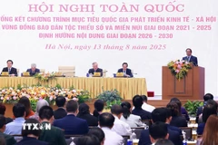 Thủ tướng Phạm Minh Chính phát biểu tại Hội nghị toàn quốc Tổng kết Chương trình mục tiêu quốc gia phát triển kinh tế-xã hội vùng đồng bào dân tộc thiểu số. (Ảnh: Dương Giang/TTXVN)