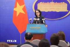 Người phát ngôn Bộ Ngoại giao Phạm Thu Hằng chủ trì họp báo. (Ảnh: An Đăng/TTXVN)