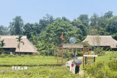 Làng Mường trong khuôn viên Làng Văn hóa-Du lịch các dân tộc Việt Nam được nhiều người dân và du khách lựa chọn trải nghiệm dịp nghỉ lễ 30/4-1/5. (Ảnh: Tuyết Mai/TTXVN)