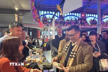 Đại sứ Trịnh Đức Hải tới tham dự sự kiện và chúc mừng, động viên cộng đồng người Việt nhân dịp Tết cổ truyền Bính Ngọ 2026. (Ảnh: Ngọc Hiệp/TTXVN)
