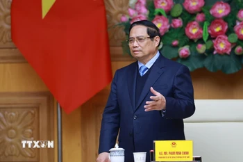 Thủ tướng Phạm Minh Chính phát biểu tại buổi tiếp Đoàn các tổ chức, doanh nghiệp của Nhật Bản. (Ảnh: Dương Giang/TTXVN)