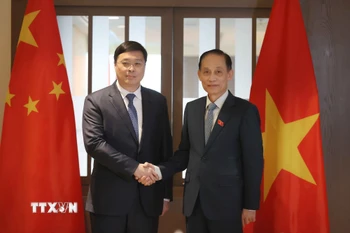 Đồng chí Lê Hoài Trung, Bí thư Trung ương Đảng, Bộ trưởng Ngoại giao và đồng chí Vi Thao, Chủ tịch Khu tự trị dân tộc Choang, Quảng Tây (Trung Quốc). (Ảnh: An Đăng/TTXVN)