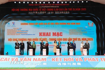 Các đại biểu thực hiện nghi thức khai mạc hội chợ. (Ảnh: Tuấn Anh/TTXVN)