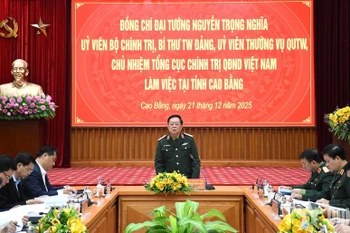 Đại tướng Nguyễn Trọng Nghĩa phát biểu tại buổi làm việc với lãnh đạo tỉnh Cao Bằng. (Nguồn: Quân đội Nhân dân)
