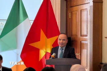 Ông Lê Đình Bá, Tham tán Thương mại, Thương vụ Việt Nam tại Anh (kiêm nhiệm Ireland) phát biểu tại diễn đàn. (Ảnh: TTXVN phát)