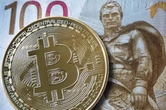 Đồng tiền ruble của Nga và đồng tiền kỹ thuật số Bitcoin. (Ảnh: Getty Images/TTXVN)