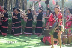 Các nghệ nhân Làng Du lịch cộng đồng Đăk Răng, xã Dục Nông, tỉnh Quảng Ngãi tái hiện Lễ mừng lúa mới của dân tộc Giẻ Triêng. (Ảnh: Dư Toán/TTXVN)