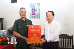 Phó Thủ tướng Chính phủ Lê Tiến Châu tặng quà cho thương binh Đào Đình Hảo. (Ảnh: TTXVN phát)