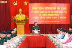 Đại tướng Phan Văn Giang, Ủy viên Bộ Chính trị, Phó Thủ tướng Chính phủ, Bộ trưởng Bộ Quốc phòng phát biểu chỉ đạo. (Ảnh: Trọng Đức/TTXVN) 