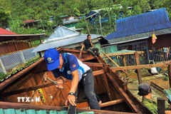 Lực lượng tại chỗ được chính quyền địa phương huy động để sửa chữa nhà bị hư hỏng nặng cho đồng bào xã Trà Linh. (Ảnh: Đoàn Hữu Trung/TTXVN) 