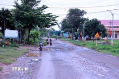 Tỉnh lộ 1 xuống cấp nghiêm trọng với hàng loạt "ổ gà" lớn, nhỏ, gây khó khăn cho các phương tiện tham gia giao thông. (Ảnh: Hưng Thịnh/TTXVN)