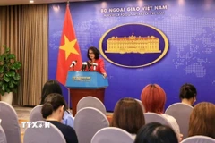Người phát ngôn Bộ Ngoại giao Phạm Thu Hằng chủ trì họp báo. (Ảnh: Tuấn Anh/TTXVN)