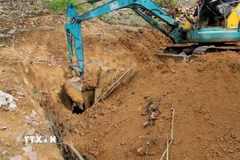Lực lượng chức năng sử dụng các phương tiện máy xúc để dọn dẹp, lấp một hầm khai thác vàng. (Ảnh: Đậu Tất Thành/TTXVN).
