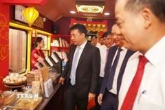 Các đại biểu tham quan, trải nghiệm dịch vụ của đoàn tàu. (Ảnh: Nguyên Lý/TTXVN)