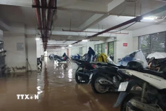 Tầng 1 để xe máy ở chung cư Ecohome 1 (phường Đông Ngạc) bị ngập. (Ảnh: Nguyễn Cúc/TTXVN) 