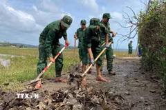 Cán bộ, chiến sỹ Đồn Biên Phòng Tuy Hòa dọn bùn đất tại phường Phú Yên để người dân đi lại thuận tiện. (Ảnh: Tường Quân/TTXVN)