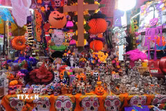 Một gian hàng bán các sản phẩm phục vụ "Lễ hội của người chết - Día de los Muertos" tại chợ Dulces de Ampudia, thủ đô Mexico City, Mexico. (Ảnh: Phi Hùng/TTXVN)