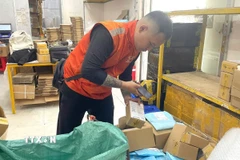 Nhân viên chuyển phát nhanh lấy hàng tại kho trên địa bàn Thành phố Hồ Chí Minh. (Ảnh: Hương Giang/TTXVN) 