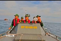 Cán bộ, chiến sỹ kêu gọi tàu thuyền vào nơi tránh trú bão số 9. (Ảnh: TTXVN phát) 