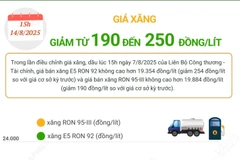 Giá xăng giảm từ 190 đến 250 đồng/lít ngày 14/8