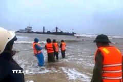 Các lực lượng tích cực ứng cứu, đưa các thuyền viên trên tàu gặp nạn vào bờ. (Ảnh: TTXVN phát)