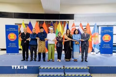 Đại diện 8 nước ASEAN có cơ quan đại diện tại Vienna chụp ảnh lưu niệm tại sự kiện. (Ảnh: TTXVN phát)