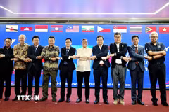 Các Đại sứ, Đại biện các nước ASEAN chụp ảnh chung. (Ảnh: Tâm Hằng/TTXVN)