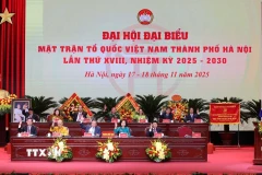 Đoàn Chủ tịch thông qua Nghị quyết Đại hội. (Ảnh: TTXVN phát)