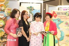 Tổng Lãnh sự Việt Nam tại Hong Kong và Macau Lê Đức Hạnh cùng các cán bộ kiểm tra nội dung chuẩn bị trưng bày tại triển lãm. (Ảnh minh họa. Nguồn: Xuân Vịnh/TTXVN).