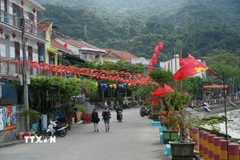 Từ cầu cảng cho đến những con đường nhỏ uốn lượn quanh sườn núi, đâu đâu cũng bắt gặp hình ảnh những tấm pano, áp phích khổ lớn và sắc đỏ tươi của cờ đỏ sao vàng, cờ Đảng tung bay trong gió. (Ảnh: Anh Dũng/TTXVN)