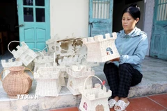 Nhờ việc nhận gia công cho các cơ sở sản xuất mây tre đan, chị Vũ Thị Son (thôn Bình Trật Nam, xã Bình Nguyên, tỉnh Hưng Yên) đã tạo việc làm cho nhiều phụ nữ đồng thời giữ được nghề truyền thống. (Ảnh: Thế Duyệt/TTXVN)