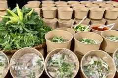 Phở đa dạng hương vị được giới thiệu đến công nhân, người lao động. (Ảnh: Mỹ Phương/TTXVN)