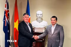 Tổng Lãnh sự Việt Nam tại Perth Phạm Hải Anh (bên phải) tiếp ông David Morgan, Chủ tịch Hội đồng Doanh nghiệp Tây Australia-Việt Nam (WAVBC). (Ảnh: TTXVN phát)