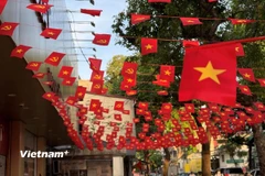 Đường phố thủ đô Hà Nội trang hoàng rực rỡ chào mừng 80 năm Cách mạng Tháng Tám và Quốc khánh 2/9. (Ảnh: Vietnam+)