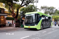Xe buýt điện lưu thông trong khu vực trung tâm Thành phố Hồ Chí Minh. (Ảnh: Hồng Đạt/TTXVN)