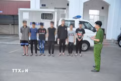 Các đối tượng tại cơ quan điều tra. (Ảnh: TTXVN phát)