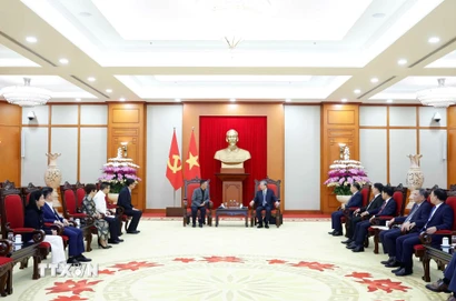 Tổng Bí thư Tô Lâm tiếp ông Vương Lai Thắng, Phó Chủ tịch Tập đoàn Luxshare-ICT, Trung Quốc. (Ảnh: Thống Nhất/TTXVN)