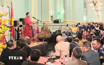 Tổng Lãnh sự Việt Nam tại San Francisco (Mỹ) Hoàng Anh Tuấn phát biểu tại buổi gặp mặt kiều bào nhân dịp Tết cổ truyền của dân tộc. (Ảnh: TTXVN phát)