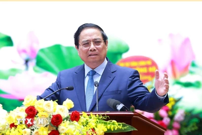 Thủ tướng Phạm Minh Chính phát biểu chỉ đạo Đại hội đại biểu Đảng bộ Bộ Xây dựng lần thứ I, nhiệm kỳ 2025-2030. (Ảnh: Dương Giang/TTXVN)