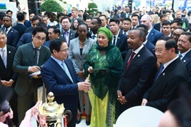 Thủ tướng Phạm Minh Chính và các đại biểu tham quan Triển lãm "Tăng trưởng xanh" với chủ đề “Sáng tạo nhỏ - Tác động lớn.” (Ảnh: Dương Giang/TTXVN)